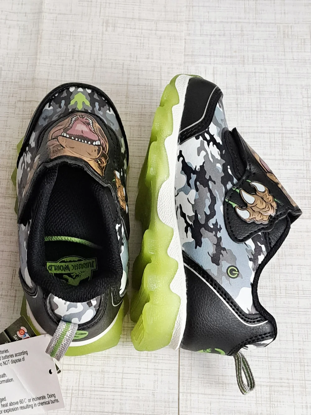 Jurassic World Kids Light Up  Black & Green Camo Dino Slip-On Sneakers